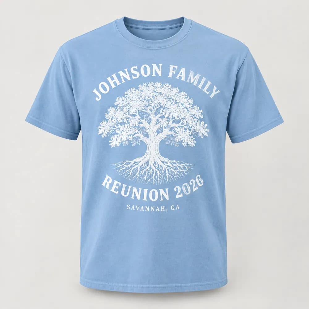 Light blue Johnson Family Reunion 2026 tee with an oak tree
