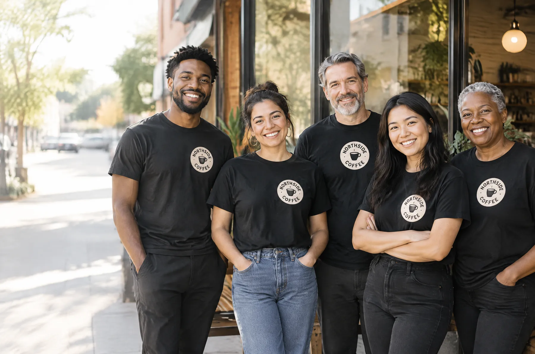 Café team in matching branded black tees