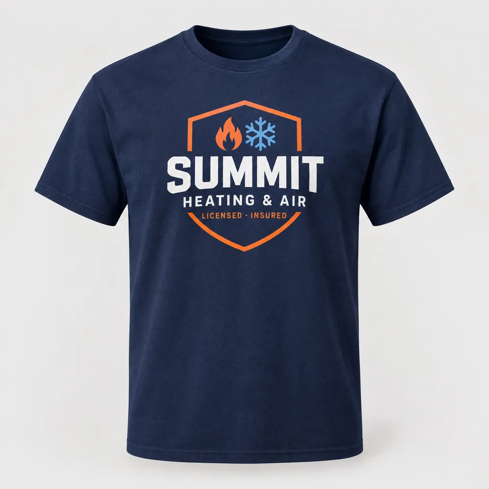 Navy tee with a Summit Heating & Air shield logo