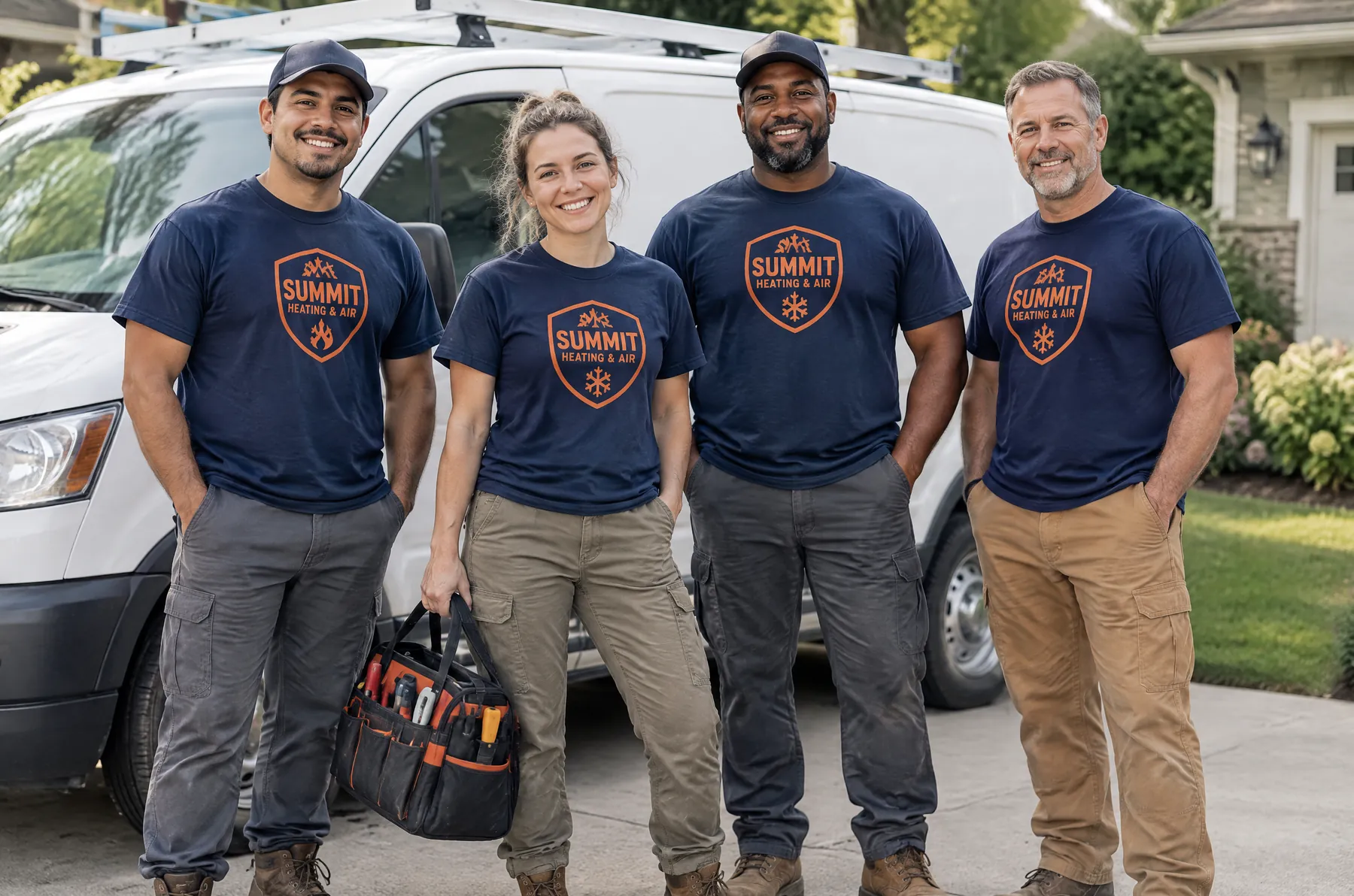 Home-service crew in matching navy logo shirts