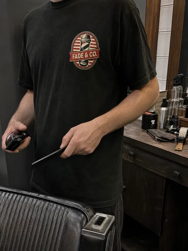 A barber in a black Fade & Co. shirt holding clippers by the chair
