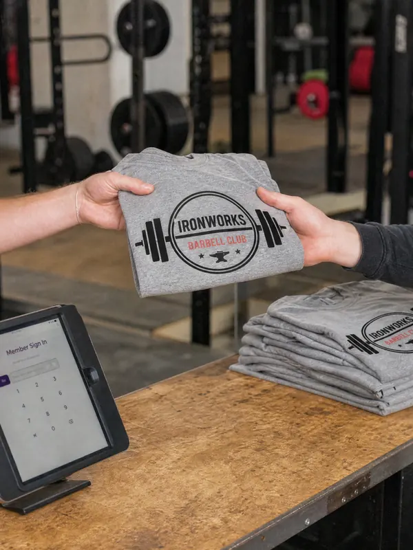 A gray Ironworks Barbell Club shirt handed across the gym front desk