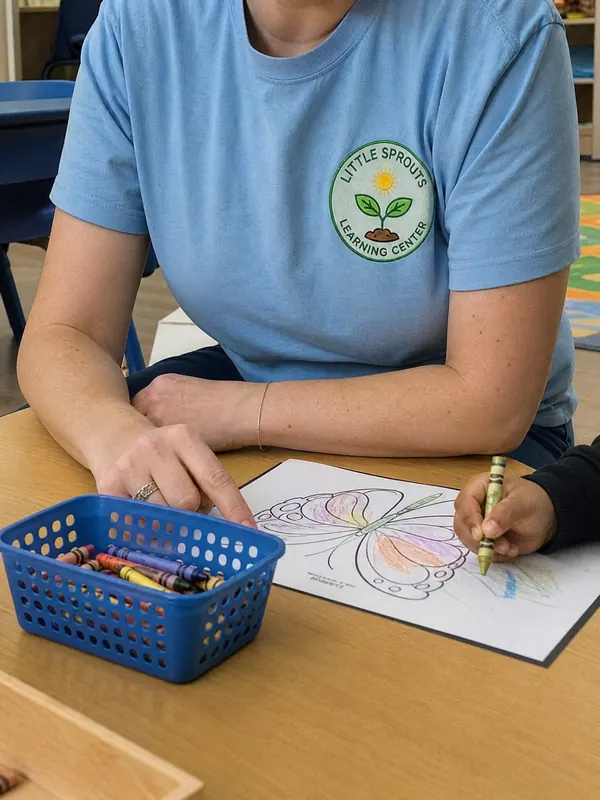 A teacher in a light blue Little Sprouts shirt helping with a coloring page