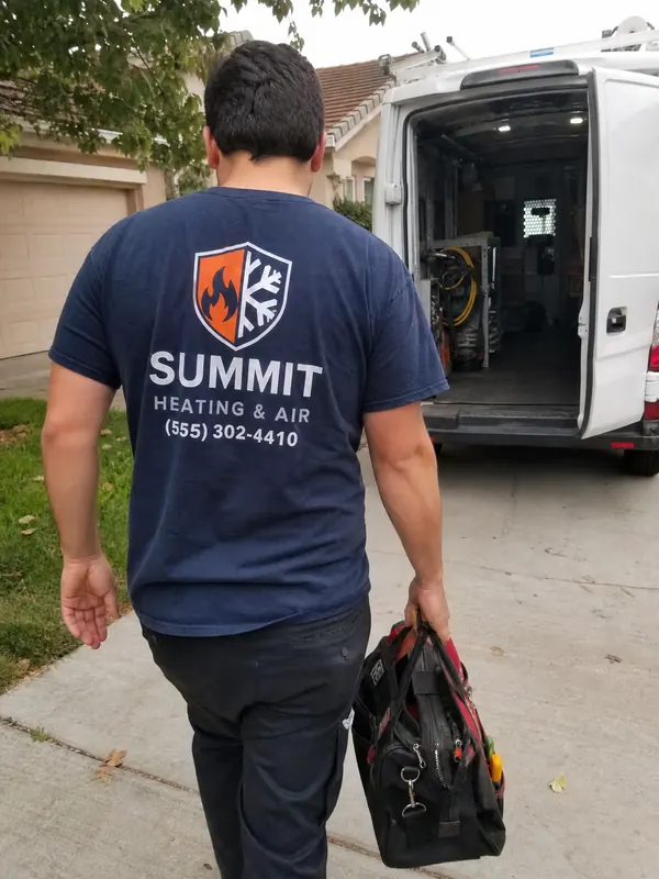 An HVAC tech walking to his van, the Summit Heating & Air logo and phone number printed on the back of his navy shirt