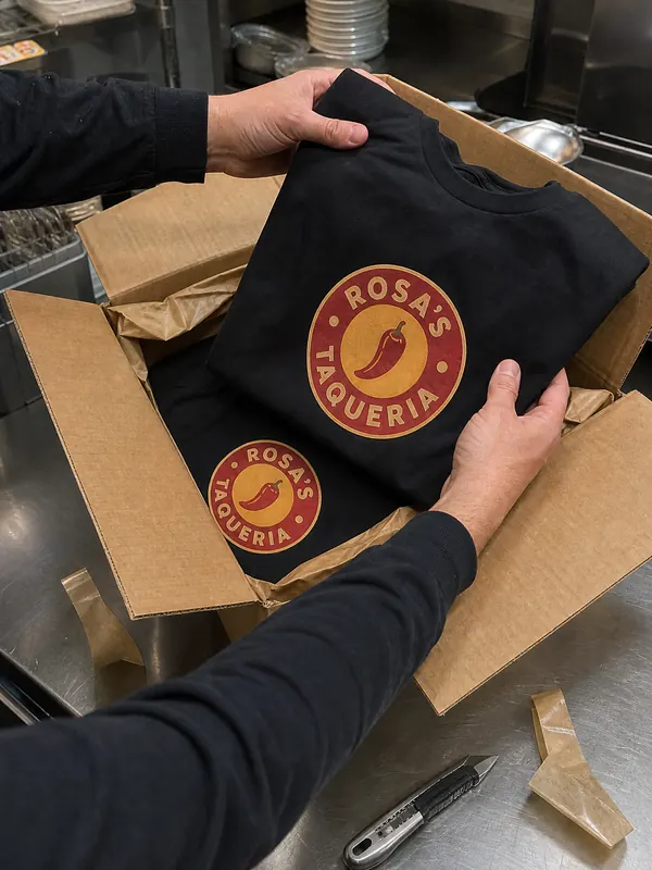 Hands lifting a black Rosa's Taqueria shirt out of a just-opened shipping box