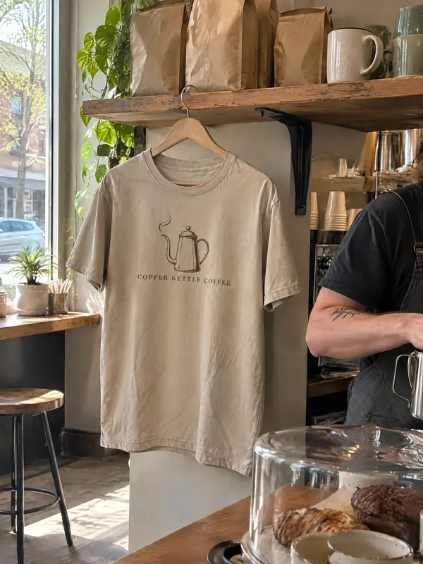 A sand Copper Kettle Coffee shirt on a hanger in a coffee shop