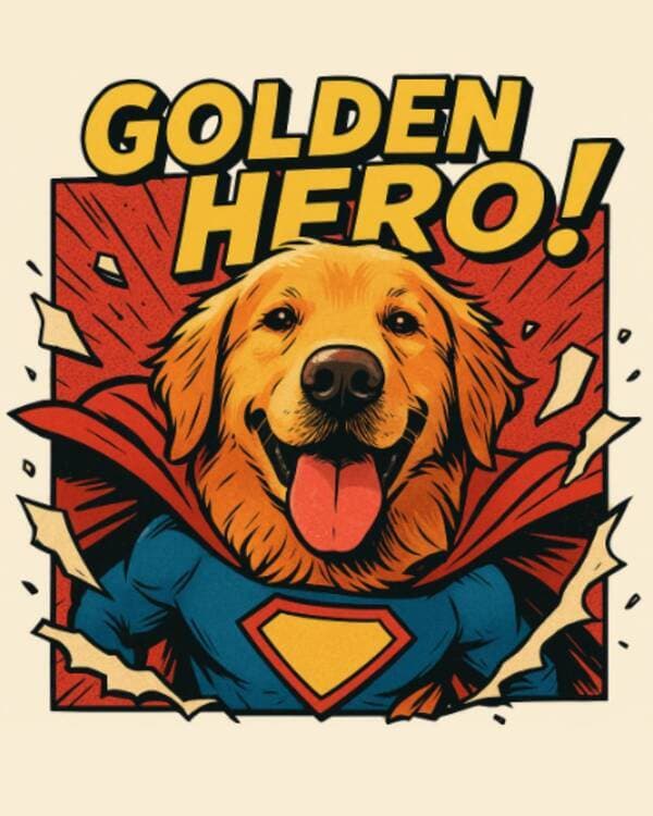 Comic book superhero version of the golden retriever with cape and mask