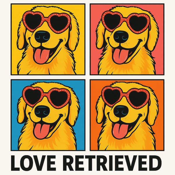Andy Warhol style pop art with four colorful dog portraits