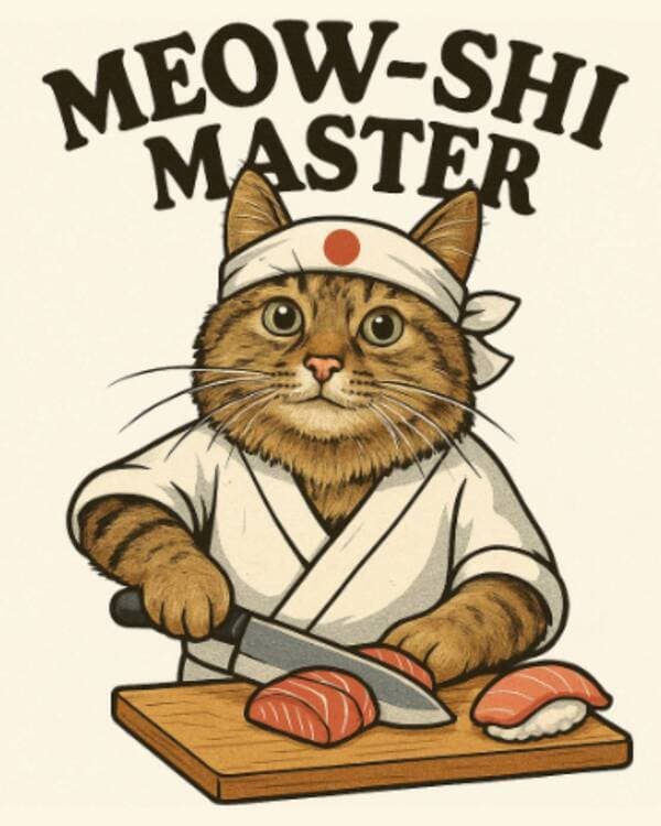 Cat dressed as a sushi chef with chef hat and text